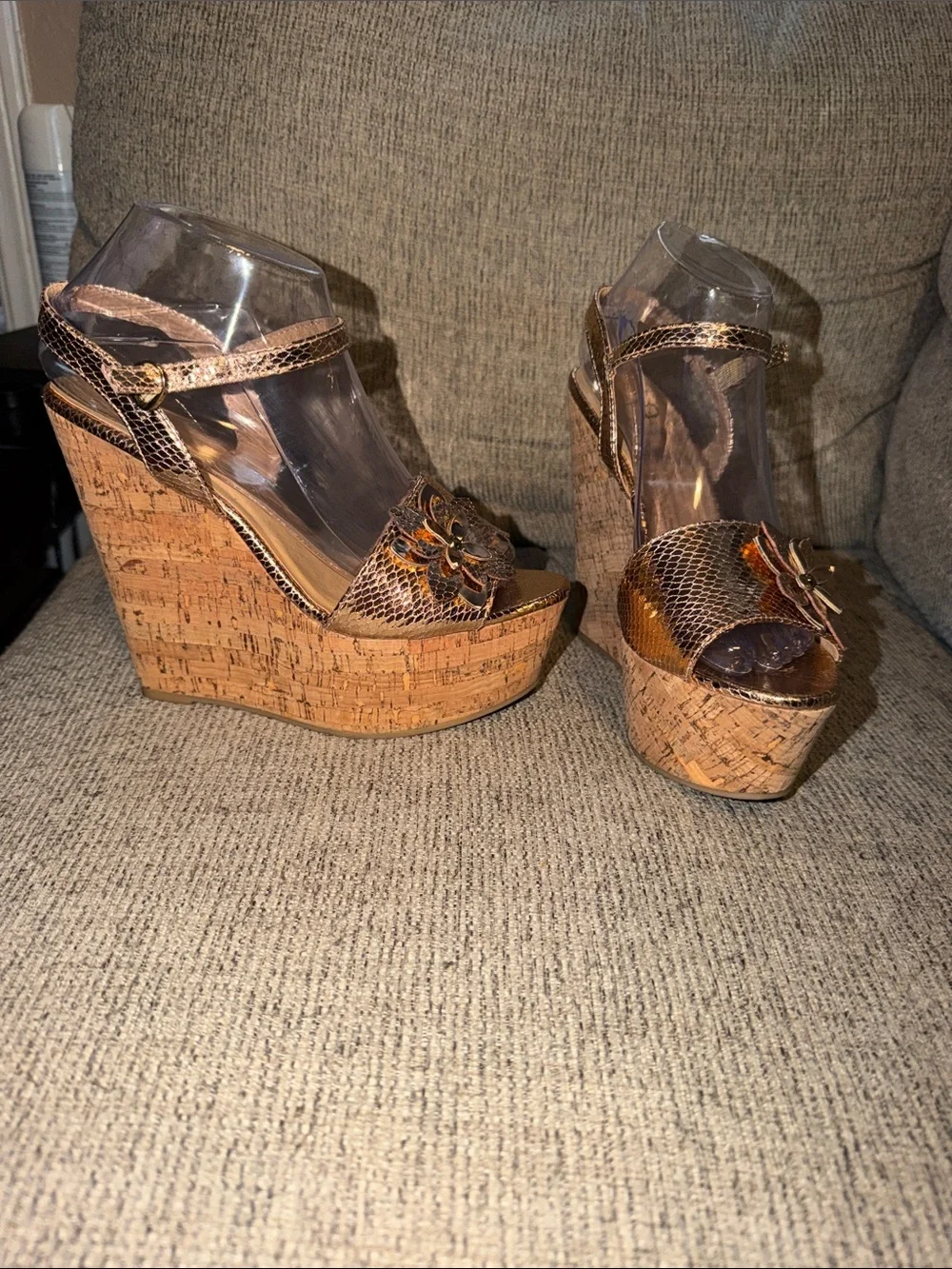 Womens Bakers Brown Cork Wedge Sandals with Gold Snakeskin Textured Straps size8